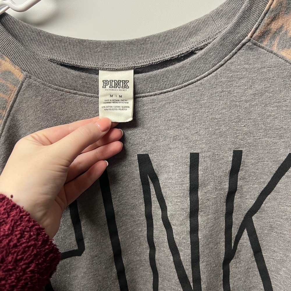 PINK Grey Sweatshirt with Leopard Accents, Medium - Picture 2 of 3